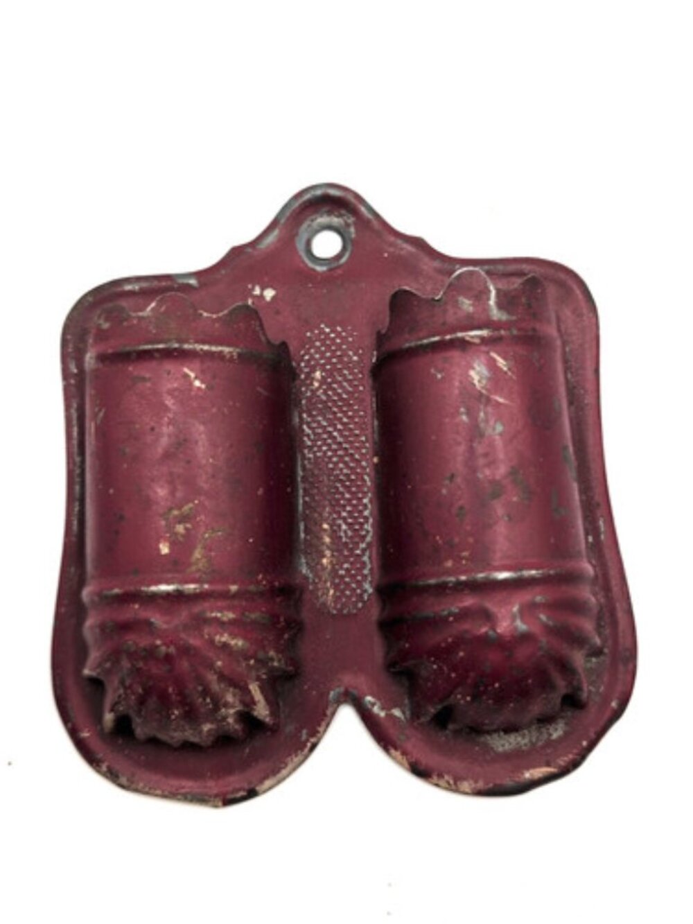 Antique Wall Hanging Match Holder Burgundy Red Tin 5 x 4.5" GUC